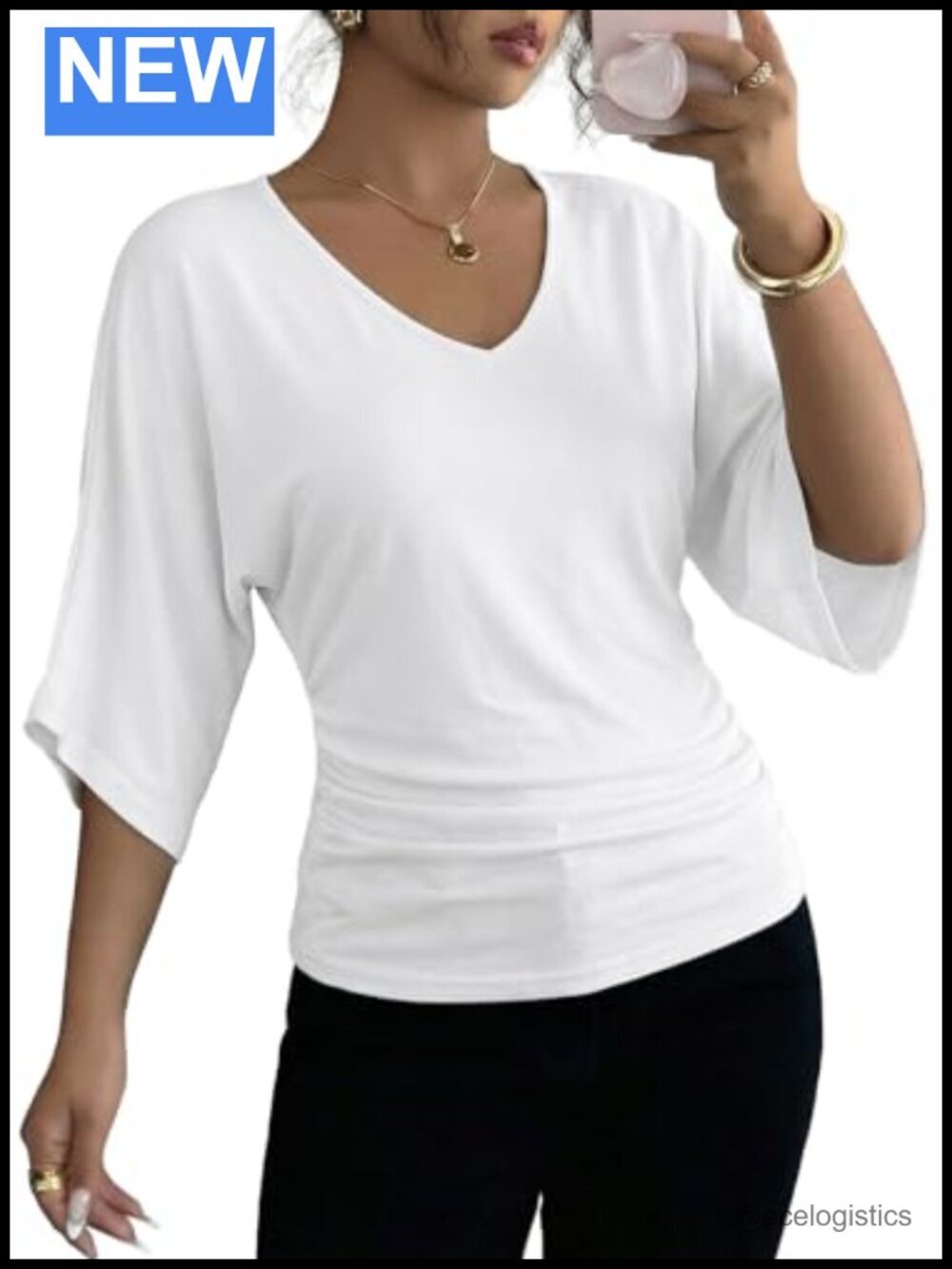3/4 Batwing Sleeve V Neck Ruched Blouse Dressy Work Tunic